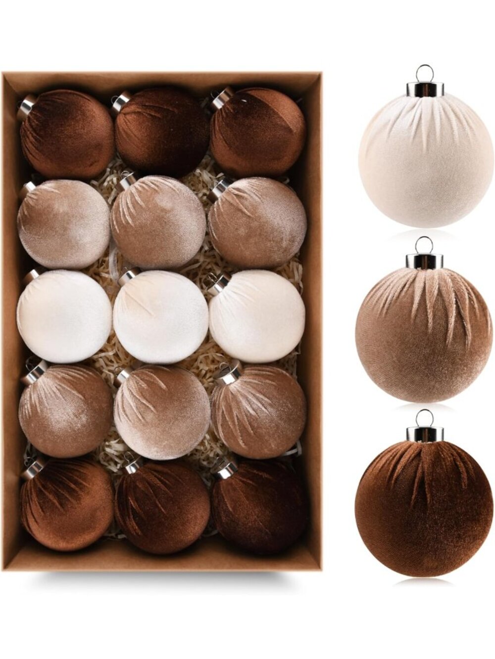 15pcs Brown Velvet Shatterproof Christmas Ornaments - Multicolor Xmas Tree
